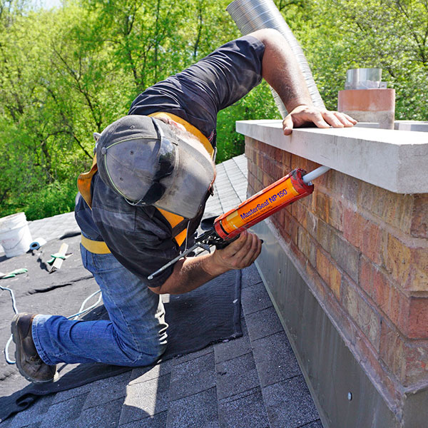 Chimney crown repair – damaged chimney crown being inspected